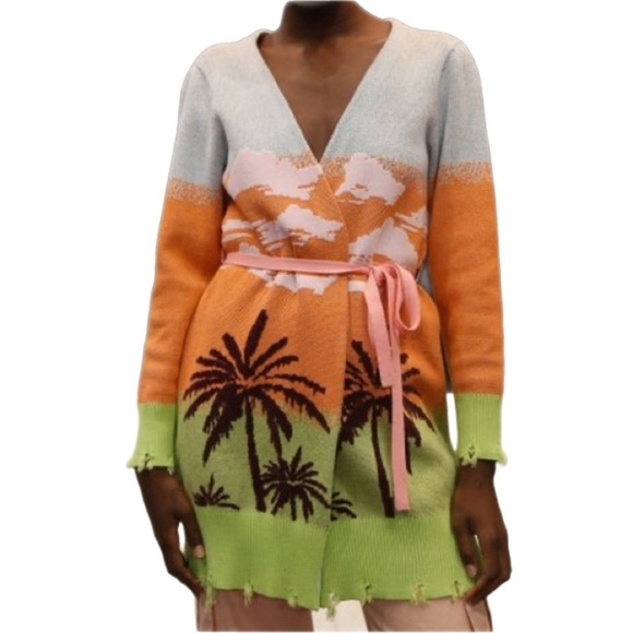 NWOT Kendall & Kylie Tropical Color Block Distressed Tie-Waist Cardigan - Picture 1 of 4